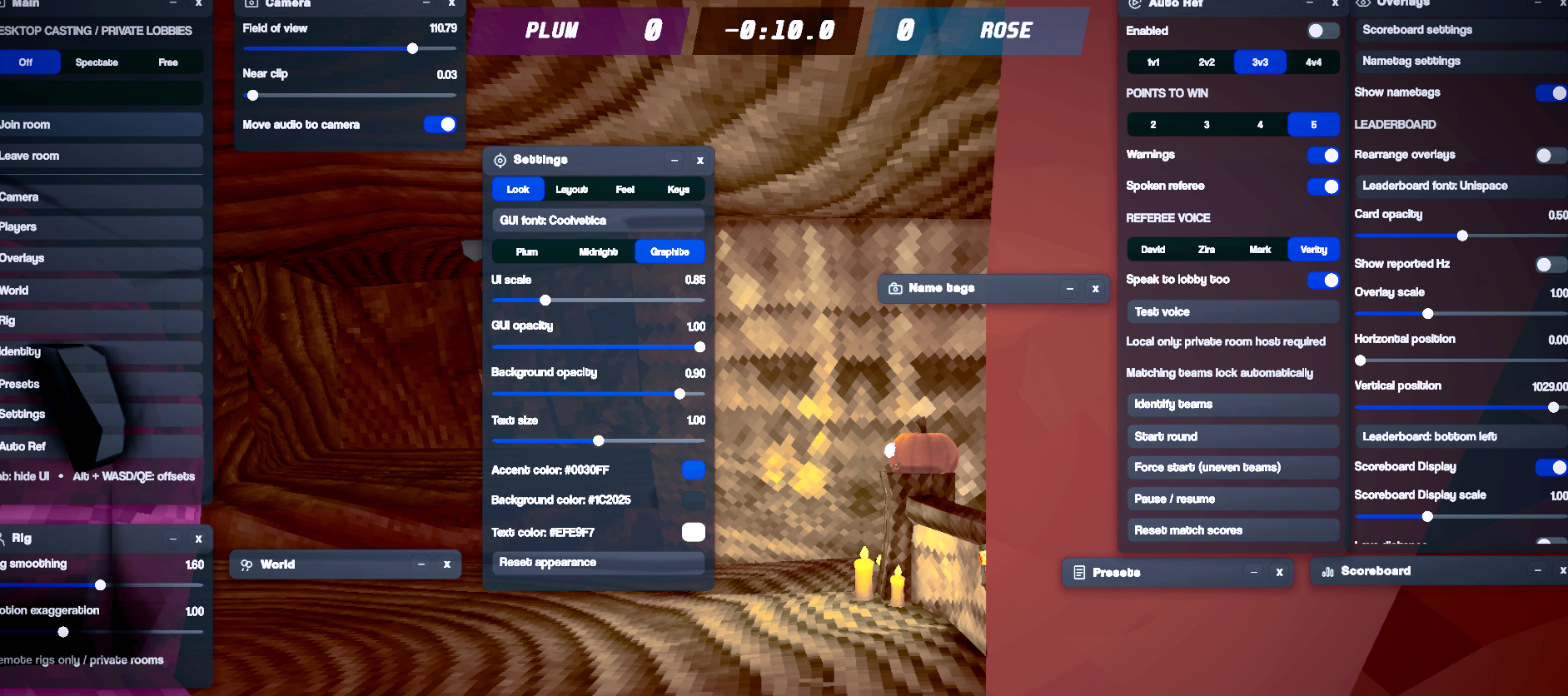 Plum desktop casting controls, customizable scoreboard, camera settings and Auto Ref panels in Gorilla Tag